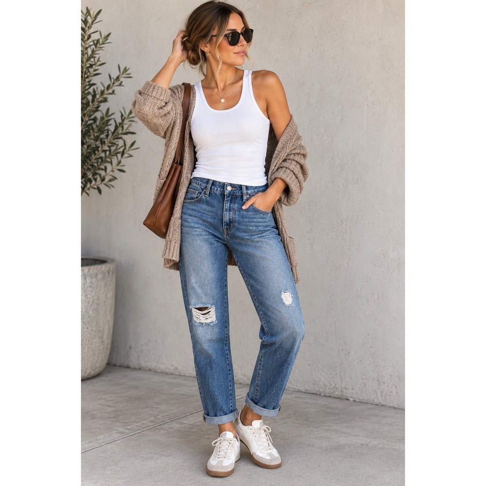 RSQ Jeans Womens 7/28 Boyfriend Distressed Medium Wash Relaxed Straight Denim